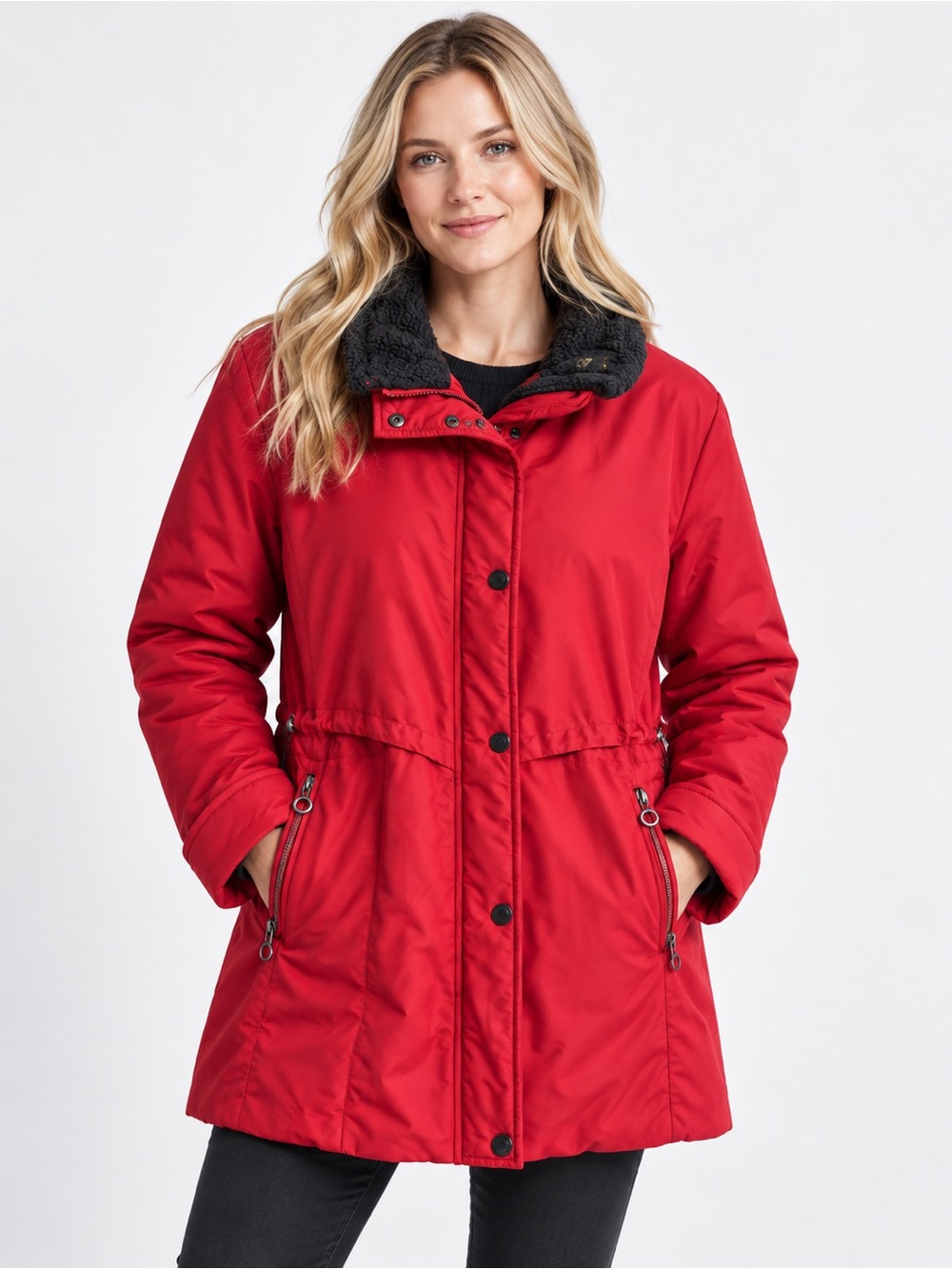 Children's Red Puffer Jacket with Cozy Dark Gray Faux Shearling Collar